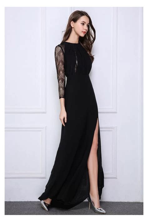 Black Lace Long Sheer Sleeve Slit Prom Dress 99 Ck520