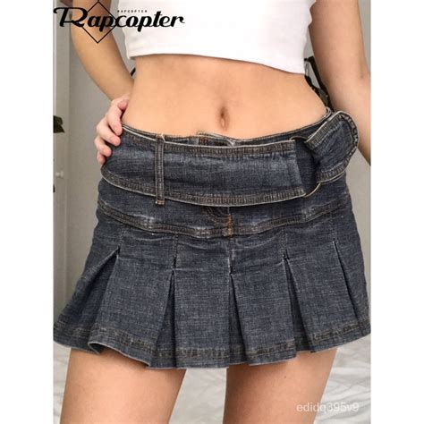 Jual Rapcopter Y2k Retro Pleated Jeans Skirts Sashes Low Waisted