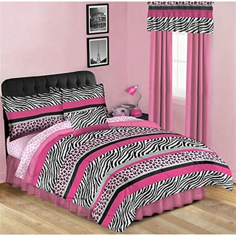 pink and black leopard zebra teen girls twin comforter and sheet set 6 piece bed in a bag