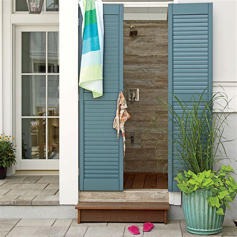 Outdoor Shower With Stylish Shutters Fresh Air Outdoor