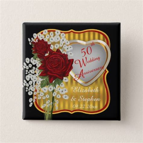 Vintage Red Roses Gold 50th Wedding Anniversary Button Rose Gold