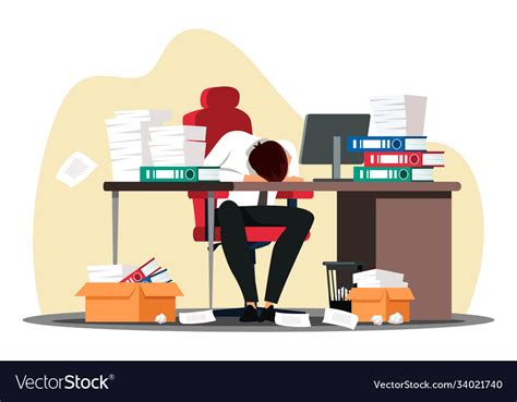 Overworked Employee Sleeping On Desk At Workplace Vector Image