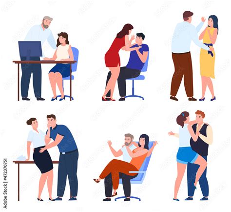 Sexual Harassment At Work Or Public Place Collection Vector Flat Illustration Set Assault And