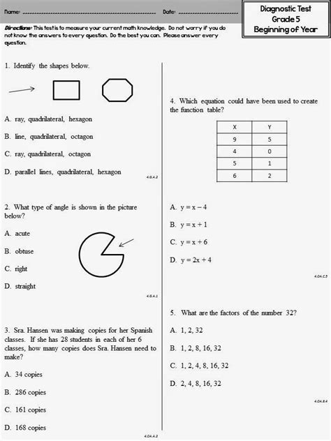 According to the common core standards, in grade 5, instructional time should focus on three critical areas: Beginning of the Year Math Diagnostic (Teaching in Room 6) | 5th grade math, Math assessment ...