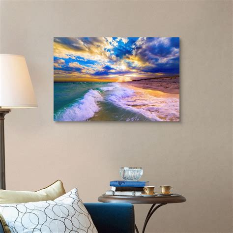 Beautiful Blue Beach Sunset Blue Clouds Canvas Wall Art Print Coastal