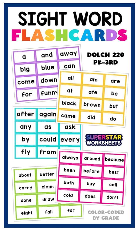 Sight Word Flash Cards With Different Colors And Words On Them