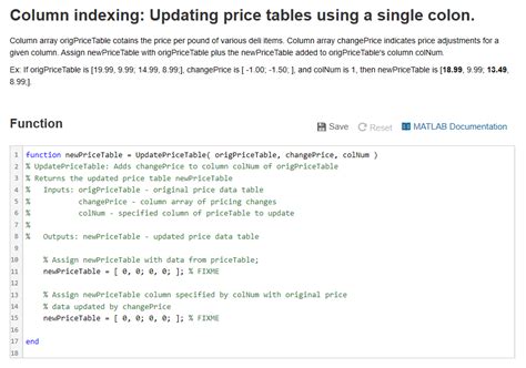 Solved Column Indexing Updating Price Tables Using Single Colon