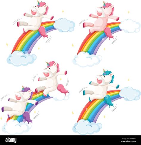 Set Of Happy Unicorn Slide On Rainbow Stock Vector Image And Art Alamy