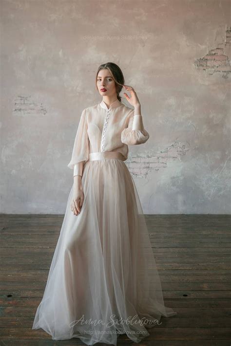 Vintage Wedding Dress From Natural Silk And Blush Tulle