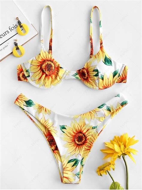 12 Off 2021 Zaful Floral Sunflower Bikini Set In White Zaful
