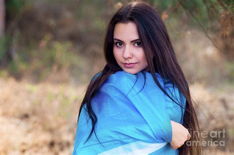 Beautiful Brunette Model Posing In A Park With Flag Of Ukraine