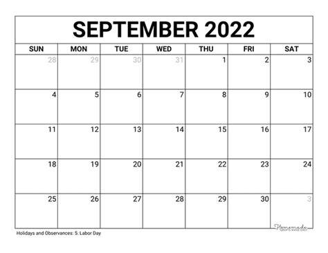September 2022 Calendar Free Printable With Holidays