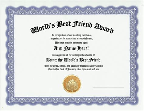 Best Friend Award Certificate Friendship Custom T Special Customized