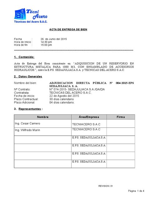 Formato Acta De Entrega Pdf Calidad Comercial Acero