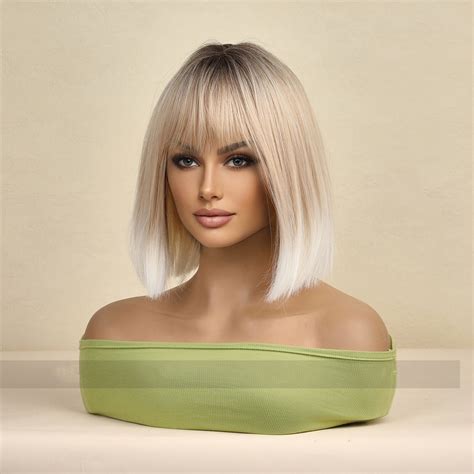 Us Ombre Platinum Blonde Bob Wigs Short Straight Wigs With Bangs