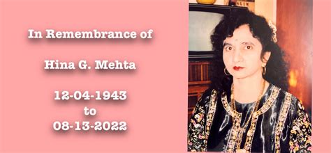 Live Streaming in Loving Memory of Hina G. Mehta at 1:00 pm EST (10:30