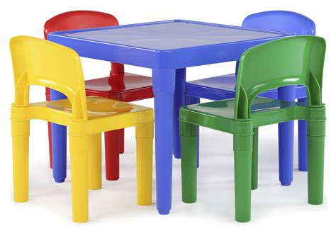 Modern styles of plastic childrens stools typically have a chunky construction for easy handling and comfortable seating. Tot Tutors Kids Plastic Table and 4 Chairs Set, Primary Colors