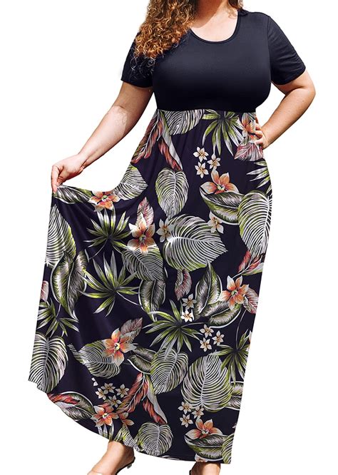 Showmall Plus Size Summer Maxi Dress For Women Colorful Big Leaves 3x