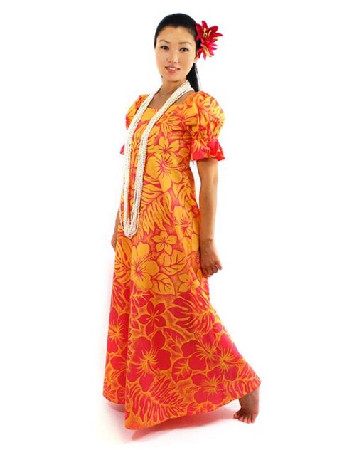 Gradation Medley Orange Poly Cotton Hawaiian Long Muumuu Dress