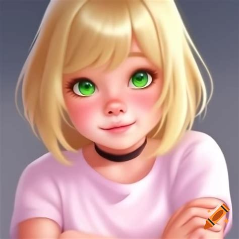 Anime Girl With Blonde Hair And Green Eyes Crossed Arms In Pink T Shirt On Craiyon