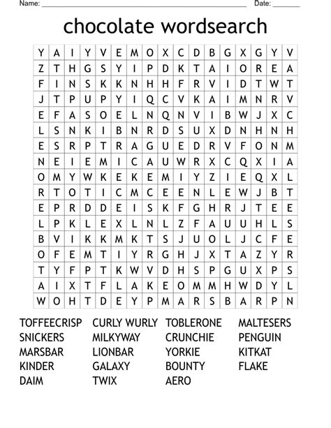 Chocolate Bars Word Search Wordmint