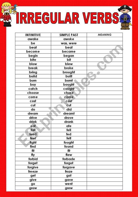 Irregular Verbs List Esl Worksheet By Huly