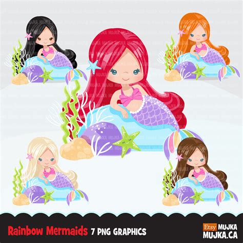 Little Mermaids Clipart Bundle Rainbow Mermaid Graphics Mujka Cliparts