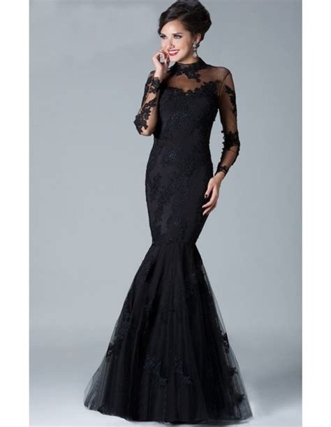 Elegant Plus Size Long Sleeve Prom Dresses Black High Neck Applique