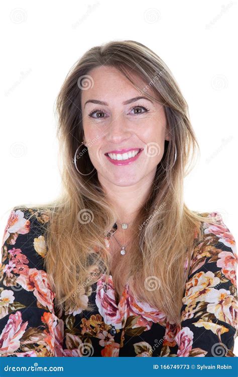 Close Up Portrait Of 35 Year Old Woman With Long Blond Hair Stock Image