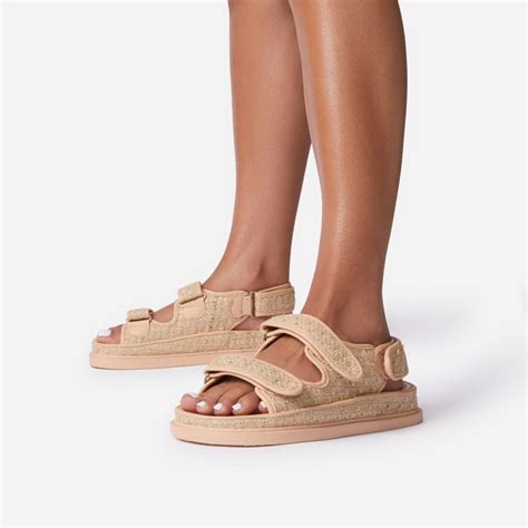 Hyped Double Strap Flat Dad Sandal In Natural Nude Woven Fabric Ego