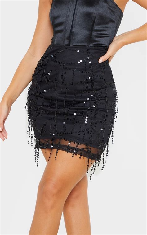 Black Sequin Detail Mini Skirt Skirts Prettylittlething