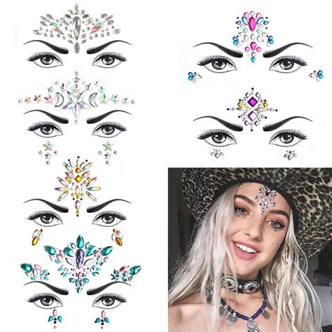 4 Sets Face Jewels Tattoo Stickers Rhinestone Rave Party Gems Glitter