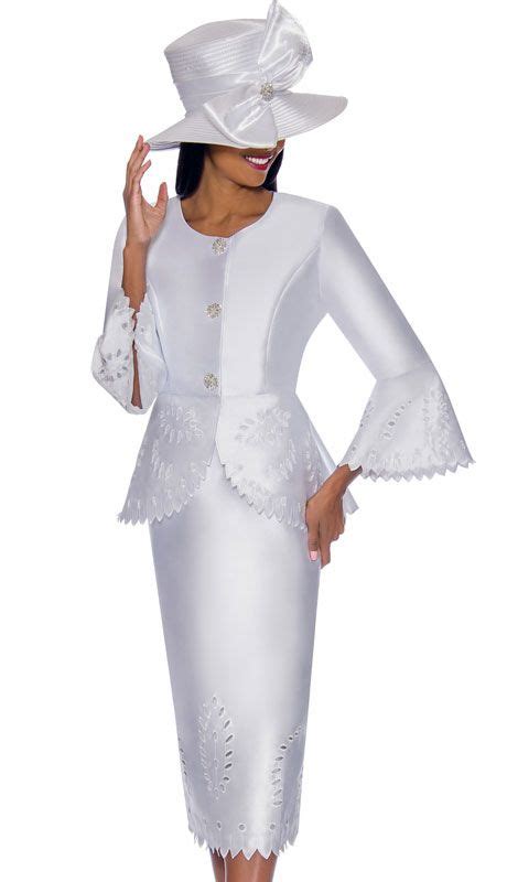 Gmi 7192 Wh 2pc Silk Look Ladies Church Suit With Laser Cut Outs And