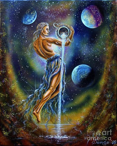 A Painting Of A Man Holding A Water Spout In The Air With Planets