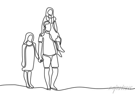 Father And His Two Children Of Daughter Continuous One Line Drawing
