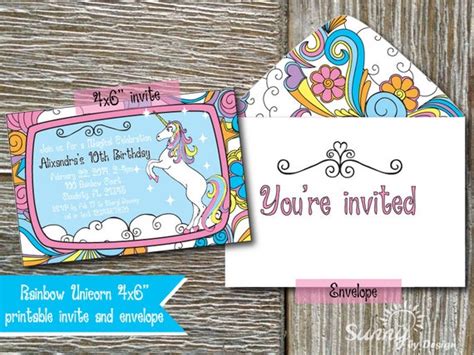 Rainbow Unicorn 4x6 Or 5x7 Printable Invitation And Envelope By Sunny