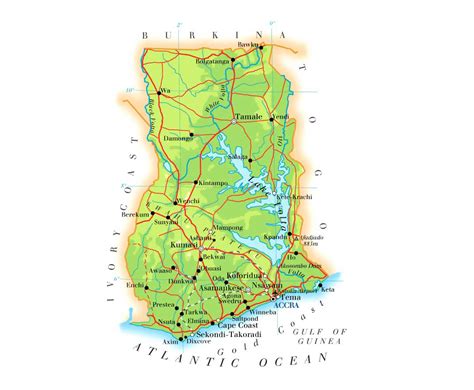 Detailed Road And Physical Map Of Ghana Ghana Detailed Road And