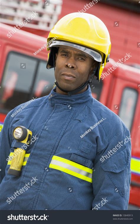 Portrait Firefighter Standing Front Fire Engine Stock Photo 15840913