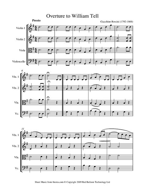 Rossini William Tell Overture Easy Sheet Music For String Quartet