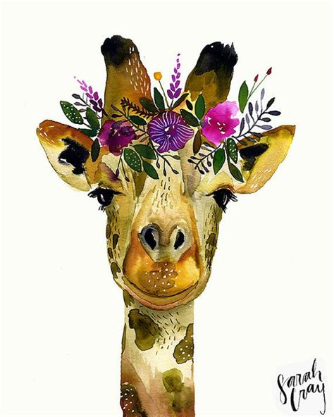 Giraffe With Floral Crown Print Giraffe Art Animal Paintings Art