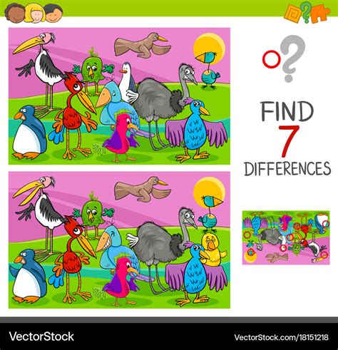 Spot Differences Game With Birds Characters Vector Image