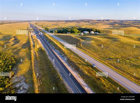Highway And Railroad Across Nebraska Sandhills Along The Middle Loup