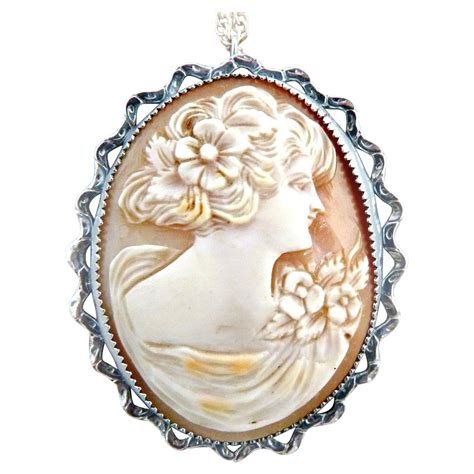 Vintage Shell Cameo Brooch Pendant Hand Carved Sterling Silver Red