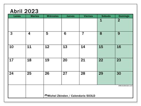 Calendario Abril De 2023 Para Imprimir “45ld” Michel Zbinden Es