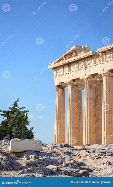 View Of Part Of The Acropolis Of Athens Against The Blue Sky In Athens