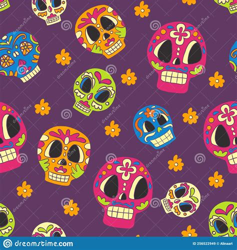 Seamless Pattern Of Halloween With Cute Mexican Sugar Skulls Stock