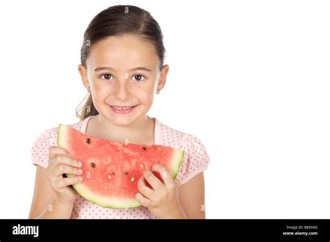 Adorable Girl Eating Watermelon A Over White Background Stock Photo Alamy