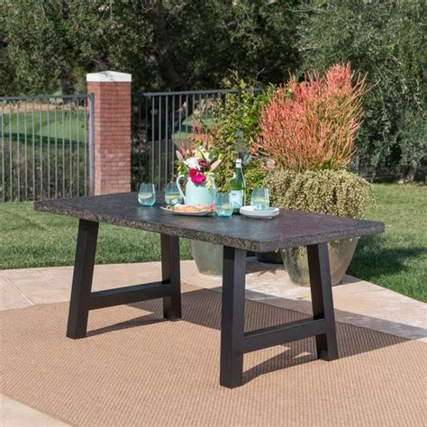 Teak finish outdoor dining table and bench set: Shop Valencia Outdoor Rectangle Light Weight Concrete ...