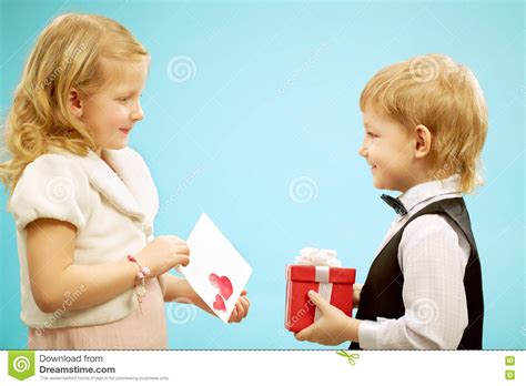Exchanging Presents Stock Photo Image Of Pair Childhood 78182284