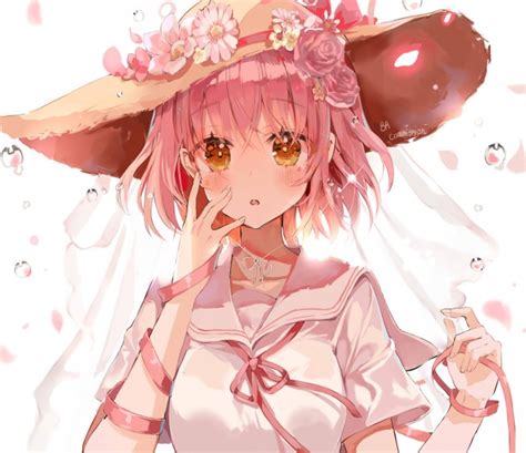 Wallpaper Anime Girl Short Pink Hair Straw Hat